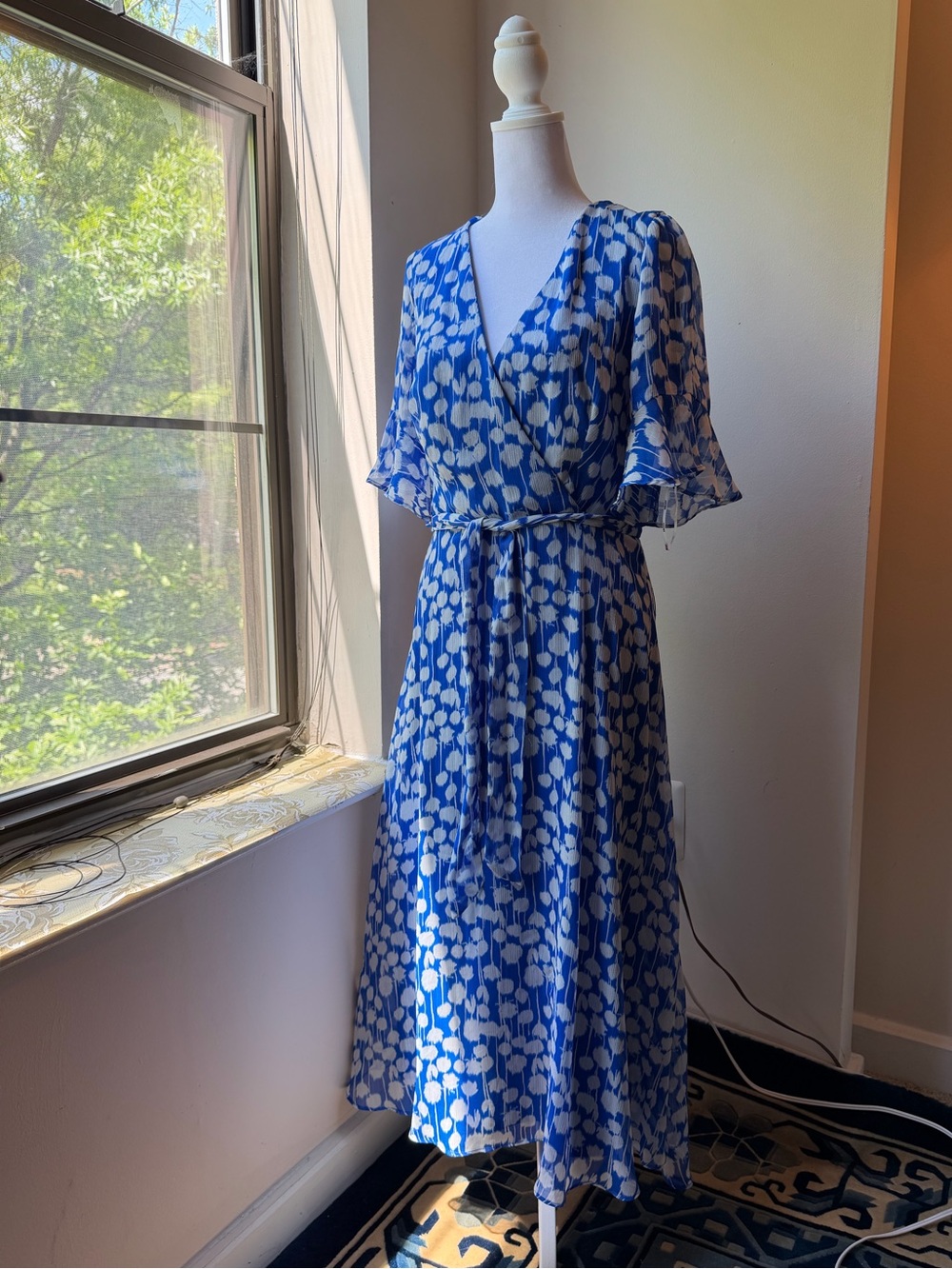 DKNY Cobalt Blue Floral Ruffle Midi Dress Size 8 EUC